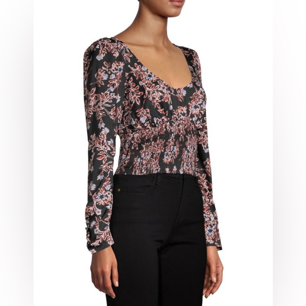 Free People size Large color Black, smocked waist 
Santiago Floral Blouse 
Sz L
